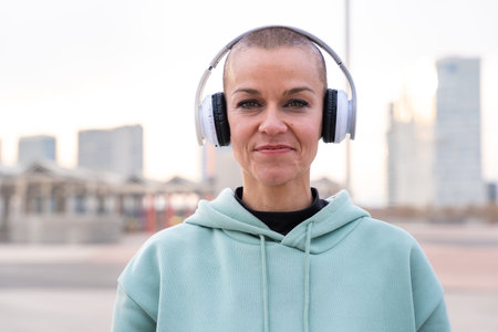 Portrait smiling sporty woman with headphones looking at the camera outdoors.