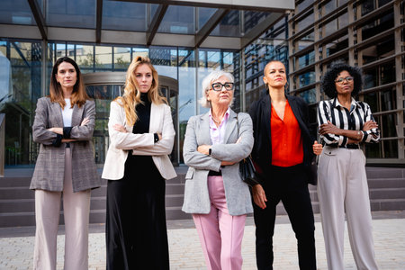 Team of multiracial and diverse businesswomen led by boss posing seriously for the camera.の写真素材