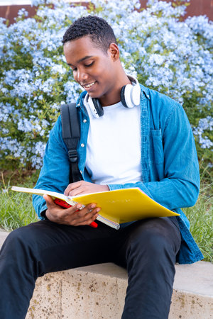Smiling young African American man looking at class notes outdoors. Verticalの写真素材