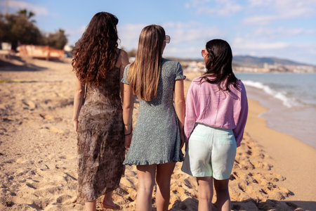 Rear view three female friends looking at camera on the beach having fun.