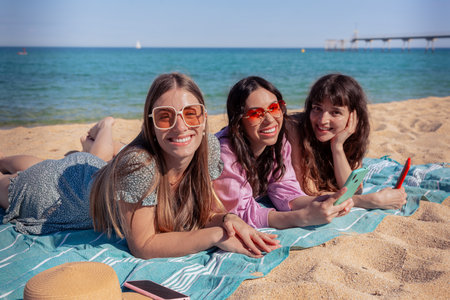 Three young friends on the beach with cell phones in hand looking at the cameraの写真素材