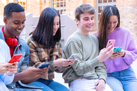 Students having fun with mobile phones creating content on social media.