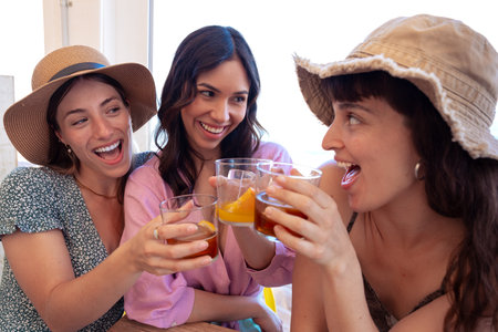 Three woman toasting ,dinner happy friendsの写真素材