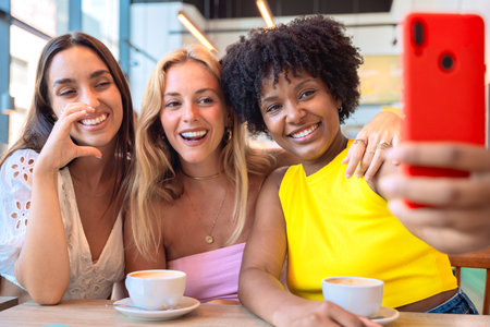 Three multiracial Friends Taking a Selfie in a Cafe
