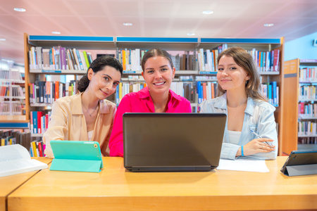 A group of students with laptops sit near the campus and communicate.