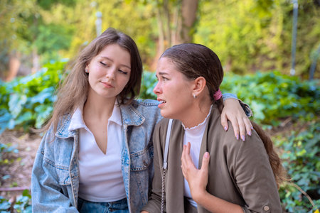 Two Friends Sitting Outdoors, One Comforting the Other in a Moment of Sadness