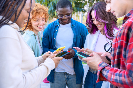 Five students having fun with mobile phones creating content on social media.の写真素材
