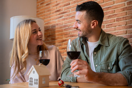Happy Couple Toasting with Red Wine in a Modern Kitchenの写真素材