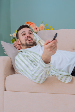 Relaxed man smiling on sofa holding TV remote in cozy living room.Vertical