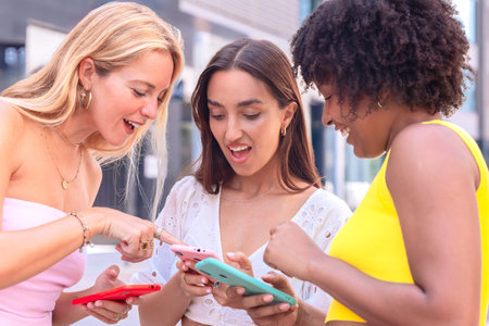 Three excited friends looking at a smartphone outdoors.