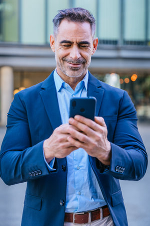 Confident businessman using smartphone outdoors.Verticalの写真素材