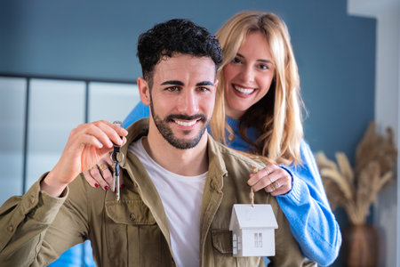 Happy couple showing house keys and miniature house in new homeの写真素材