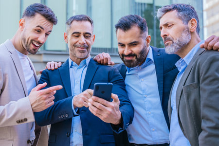 Group of Businessmen Enjoying Smartphone Content Outdoorsの写真素材