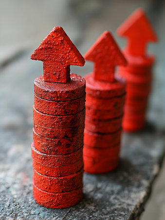 Stacked Red Coins with Upward Arrows Representing Financial Growth.Verticalの素材