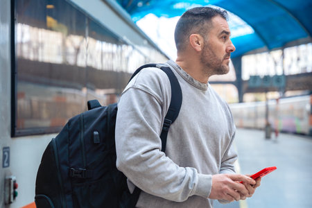 Focused Man Holding Red Smartphone at Train Station