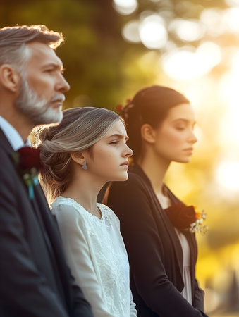 Grieving family attending funeral in solemn outdoor setting.Verticalの素材