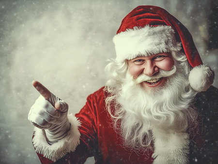 Cheerful Santa Claus pointing and smiling in a festive setting.の素材