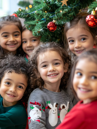 Group of smiling children by Christmas tree.Verticalの素材