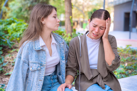 Two Friends Sitting Outdoors, One Comforting the Other in a Moment of Sadness