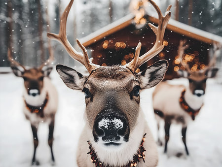 Close-up of reindeer in snowy landscapeの素材