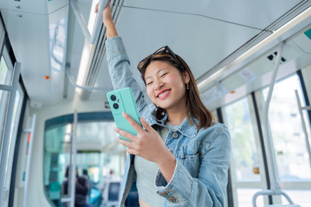 woman smiling while using smartphone and standing inside modern city tram