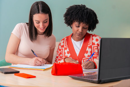 African American and Caucasian students studying together with laptop and notes