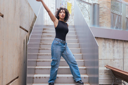 African American woman dancing outdoors between benches in urban modern spaceの写真素材