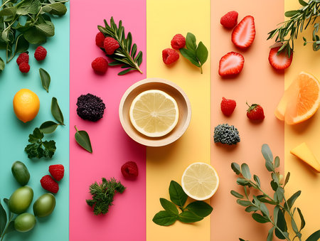 Colorful fruits and herbs on vibrant striped background, flat lay, made with AIの素材