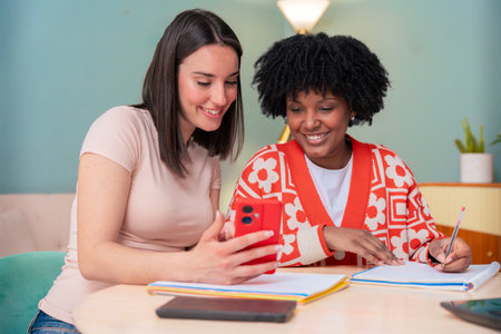 African American and Caucasian friends smiling while looking at smartphone togetherの写真素材