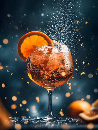 Sparkling orange cocktail with slice and bubbles in elegant glass, festive styleの素材