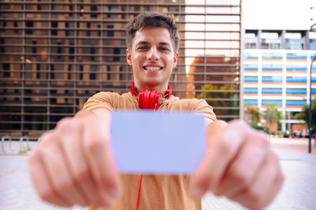 Smiling young man with red headphones showing card in urban environment