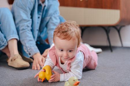 Baby playing with toys on floor while parents watching at home