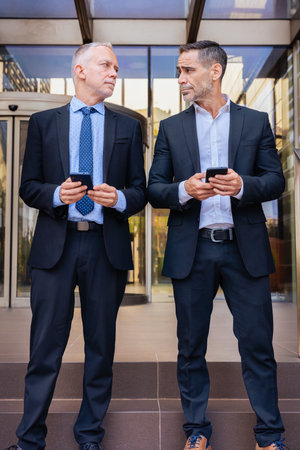 Two businessmen standing outside building, holding phones, looking at each other