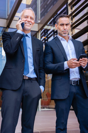 Two businessmen in suits using smartphones, talking outside modern office.