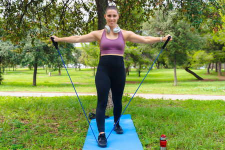Sporty woman exercising with resistance bands on yoga mat outdoors in park