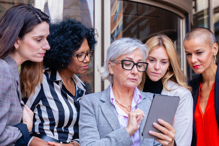 Businesswomen team looking at digital tablet outdoors near office.の写真素材