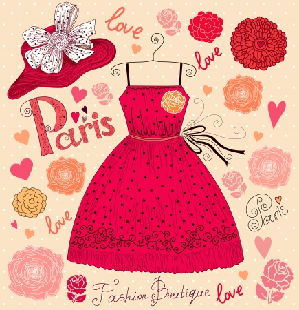 Fashion background with dress and hatのイラスト素材