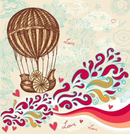 Vintage hand drawing balloon with cloudsのイラスト素材