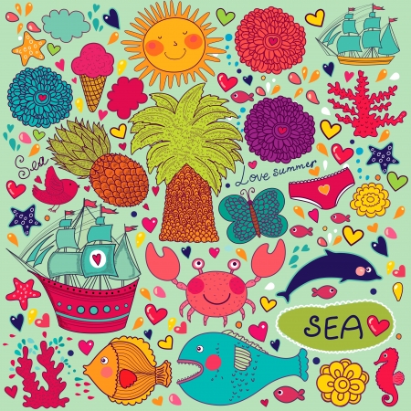 Set of elements on the topic of the summer and travel のイラスト素材
