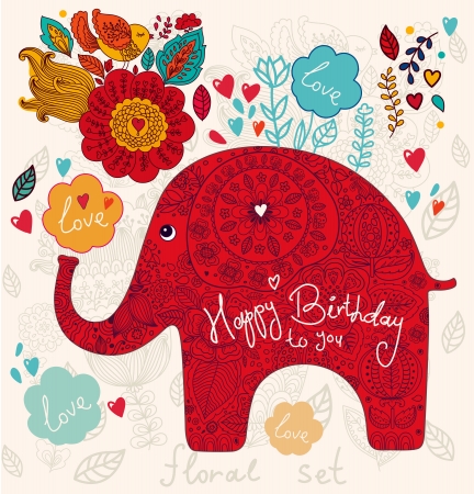 Beautiful  card with flowers and elephantのイラスト素材