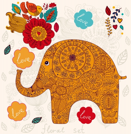 Beautiful card with flowers and elephantのイラスト素材