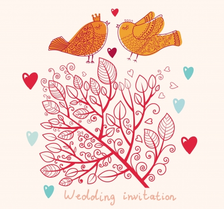 Wedding invitation  Floral pattern with tree and birdsのイラスト素材