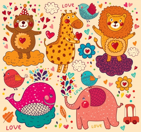 Vector set of funny, happy animalsのイラスト素材