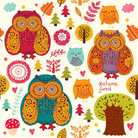 Vector seamless pattern with owls and treesのイラスト素材