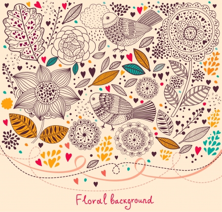 Vector Floral pattern with birdsのイラスト素材