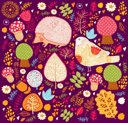 Autumn vector pattern with flowers, trees, and crew cutのイラスト素材