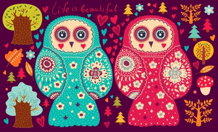 Vector illustration with owls and treesのイラスト素材