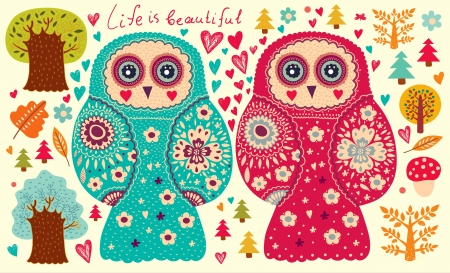 Vector illustration with owls and treesのイラスト素材