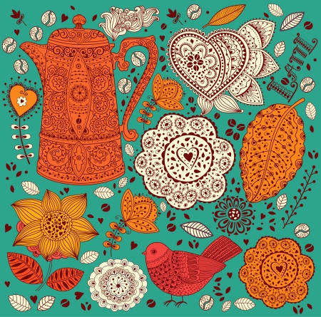 Vector floral background with coffee potのイラスト素材