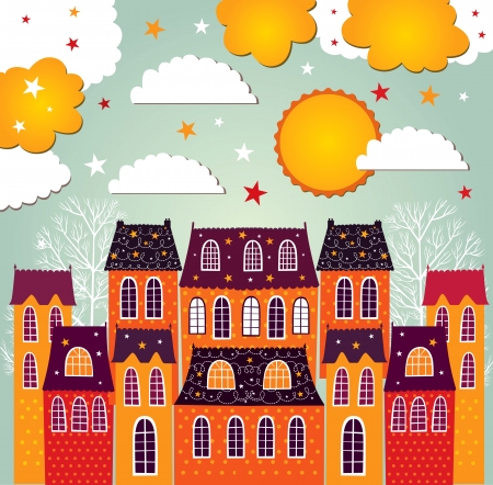 Illustration with townのイラスト素材